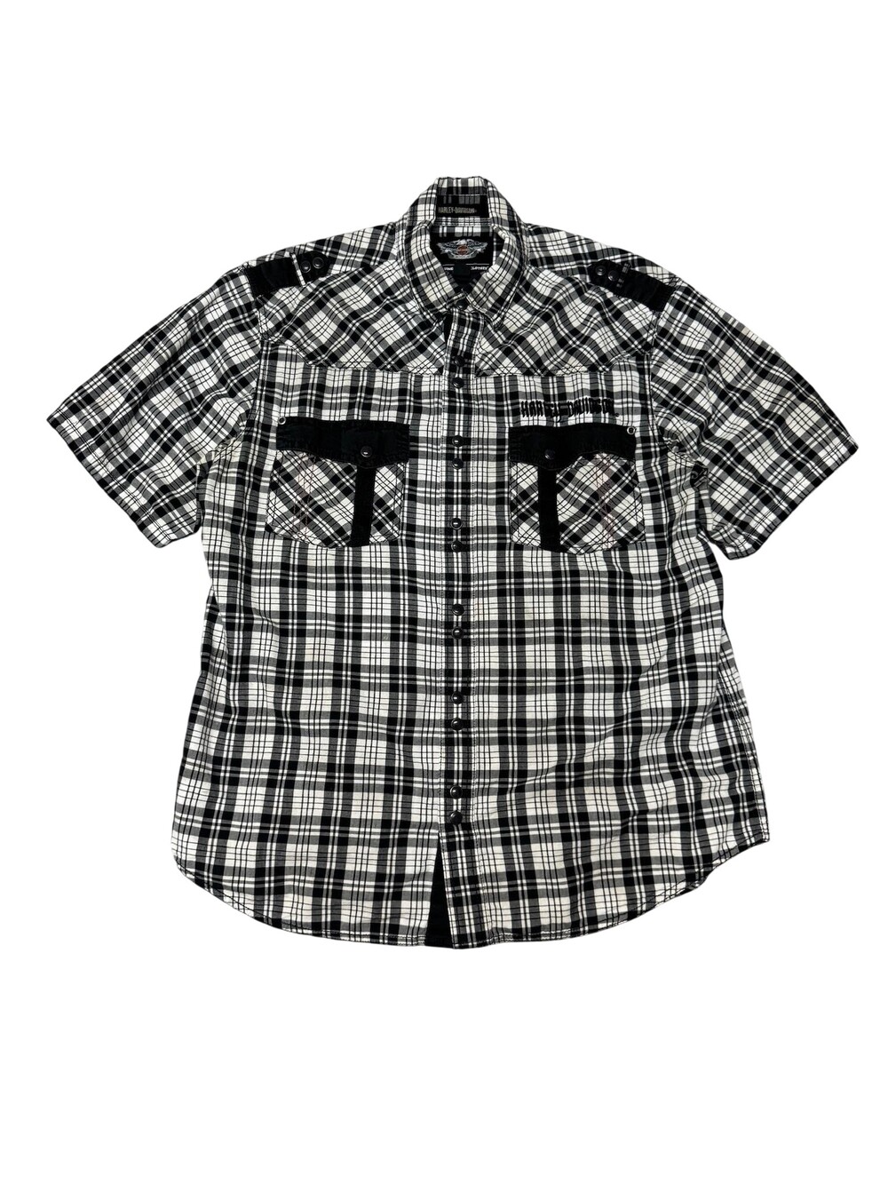 Harley-Davidson Shirt Mens Large White Black Plaid Snap Front Skull Embroidered